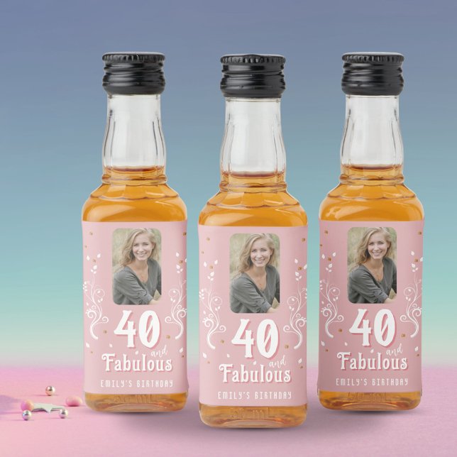 40 and Fabulous Foliage Pink Photo 40th Birthday  Liquor Bottle Label (Creator Uploaded)