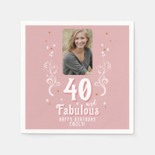 40 and Fabulous Foliage Pink Photo 40th Birthday  Napkin