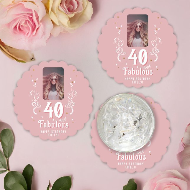 40 and Fabulous Foliage Pink Photo 40th Birthday  Paper Coaster (Creator Uploaded)