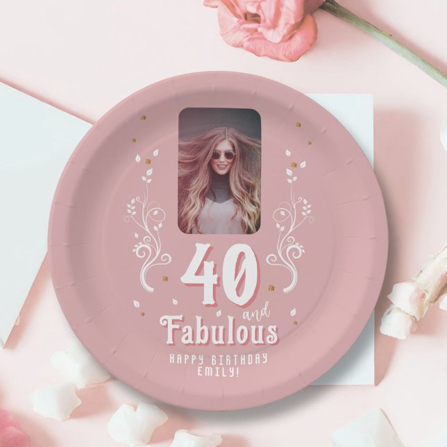40 and Fabulous Foliage Pink Photo 40th Birthday  Paper Plate (Creator Uploaded)