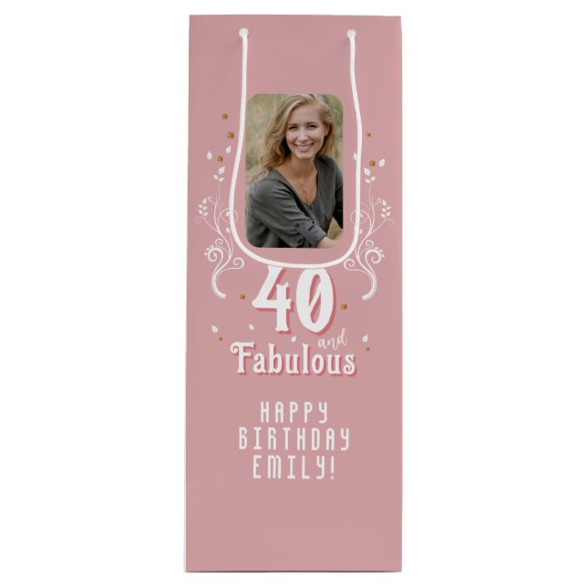 40 and Fabulous Foliage Pink Photo 40th Birthday  Wine Gift Bag (Front)