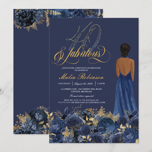 40 and Fabulous Formal Elegant Sapphire Birthday Invitation (Front/Back)