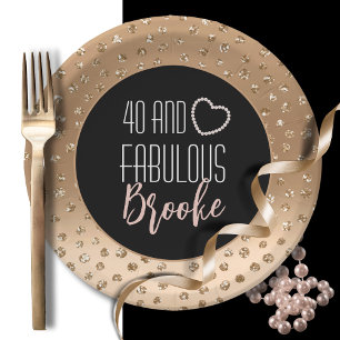 40 and Fabulous Girly Stylish Gold Black Blush Paper Plate