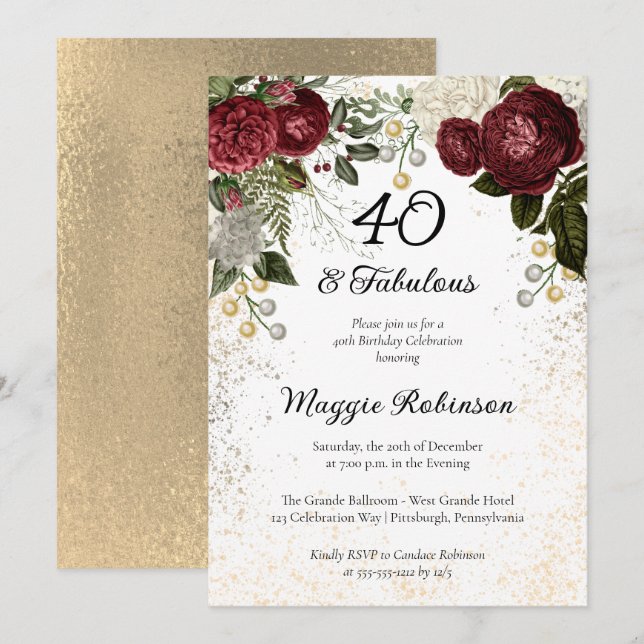 40 and Fabulous Glam Rose Floral Birthday Party Invitation (Front/Back)