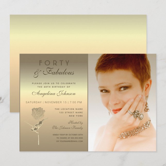 40 and Fabulous , Glamourous Gold Rose Flower Phot Invitation (Front/Back)