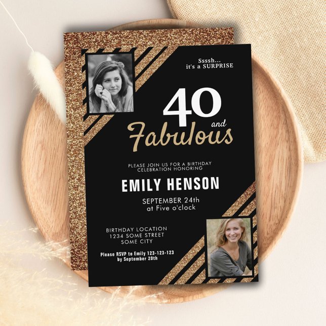 40 and Fabulous Gold Glitter 2 Photo 40th Birthday Invitation (Creator Uploaded)