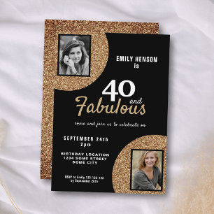 40 and Fabulous Gold Glitter 2 Photo 40th Birthday Invitation