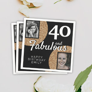 40 and Fabulous Gold Glitter 2 Photo 40th Birthday Napkin