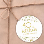 40 and Fabulous Gold Glitter 40th Birthday Classic Round Sticker<br><div class="desc">40 and Fabulous Gold Glitter 40th Birthday Round Sticker. Modern and elegant birthday sticker with trendy typography and faux gold glitter spots. The design has a custom name. Make personalised 40th birthday sticker for her.</div>