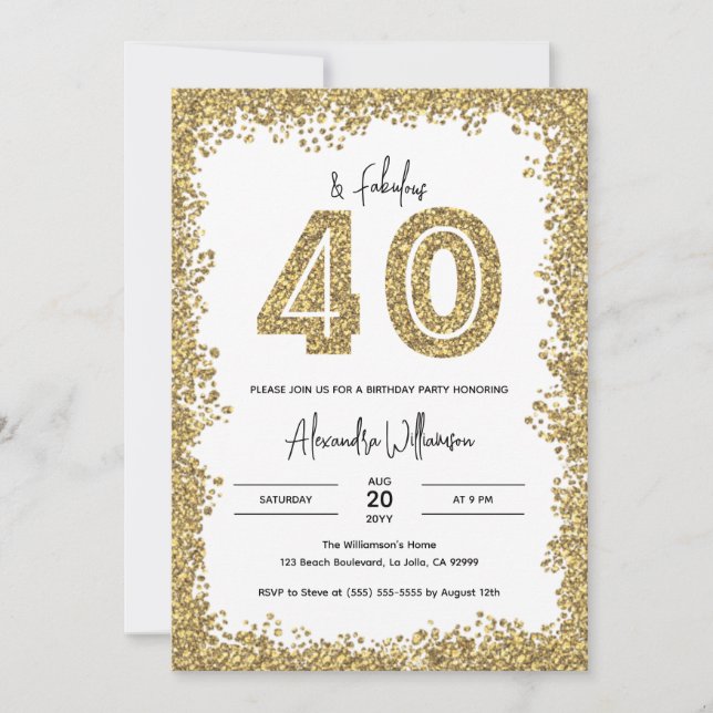 40 and Fabulous Gold Glitter 40th Birthday Party Invitation (Front)