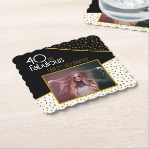 40 and Fabulous Gold Glitter Photo 40th Birthday  Paper Coaster