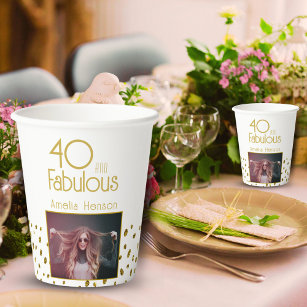 40 and Fabulous Gold Glitter Photo 40th Birthday   Paper Cups