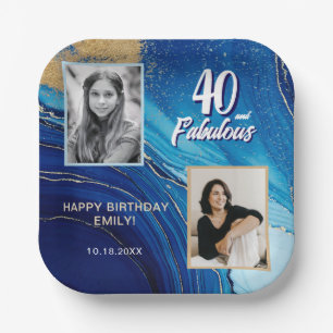 40 and Fabulous Marble Glitter 2 Photo Birthday Paper Plate
