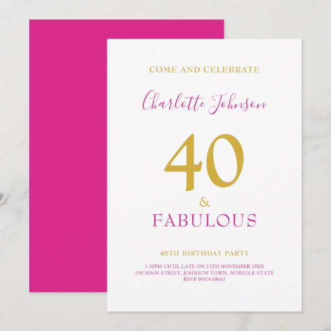40 and Fabulous Minimalist 40th birthday Gold Pink Invitation (Front/Back)