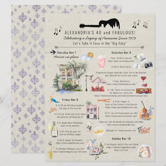 40 and Fabulous | New Orleans Birthday Itinerary Invitation (Front/Back)