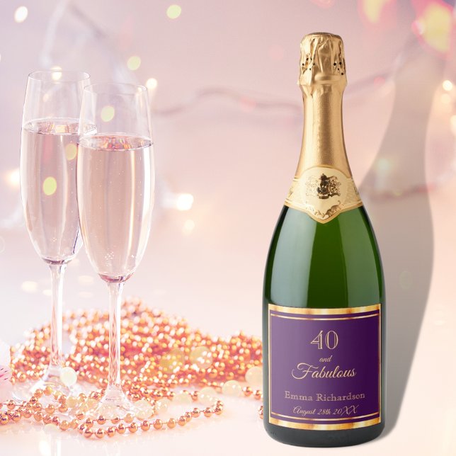 40 and fabulous on stylish purple with name date sparkling wine label (Creator Uploaded)