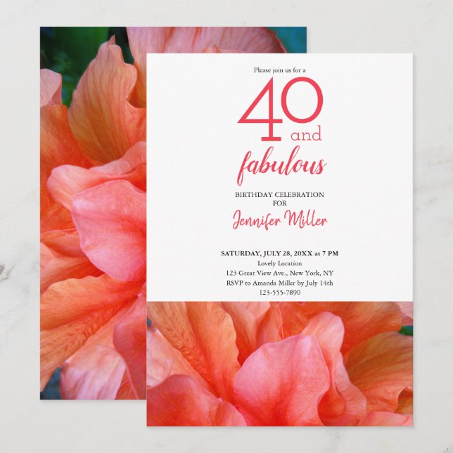 40 and Fabulous Orange Pink Flower Photo Birthday Invitation (Front/Back)