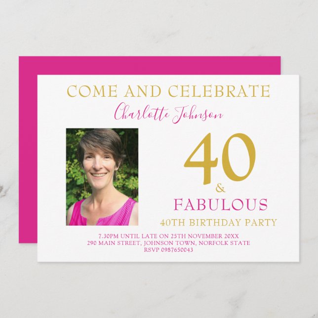 40 and Fabulous Photo Modern 40th birthday pink Invitation (Front/Back)