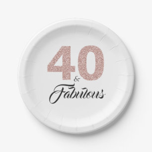 40 and Fabulous Pink Glitter 40th Birthday Party Paper Plate