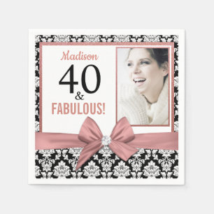 40 and Fabulous Rose gold bow damask 40th Birthday Napkin