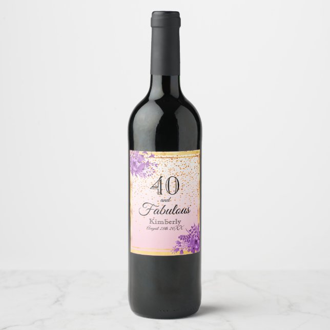 40 and fabulous rose gold confetti and flowers wine label (Front)