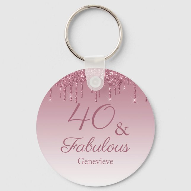 40 and Fabulous Rose Gold Pink Dripping Glitter Key Ring (Front)