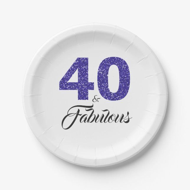 40 and Fabulous Royal Blue Glitter Birthday Party Paper Plate (Front)