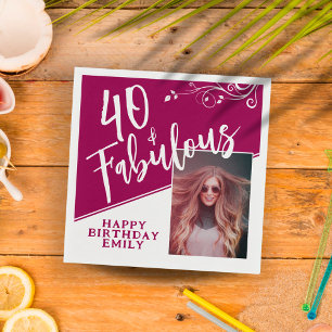 40 and Fabulous Script Photo Magenta 40th Birthday Napkin