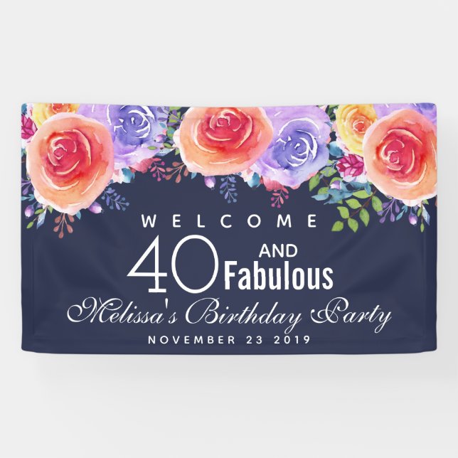 40 and Fabulous Text - Watercolor Floral Birthday Banner (Horizontal)