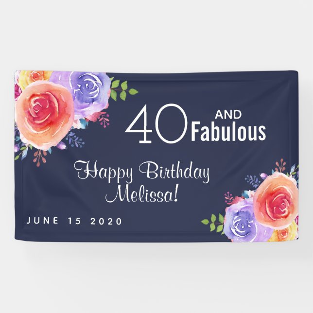 40 and Fabulous Text - Watercolor Floral Birthday Banner (Horizontal)
