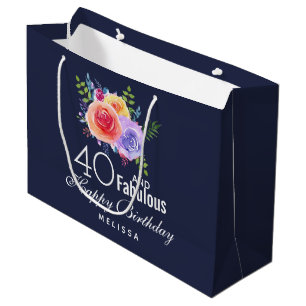 40 and Fabulous Text - Watercolor Floral Birthday Large Gift Bag