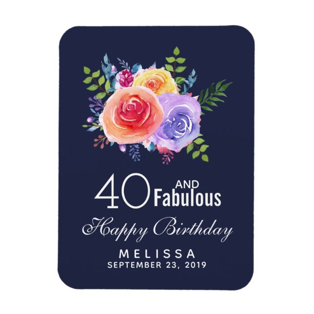 40 and Fabulous Text - Watercolor Floral Birthday Magnet (Vertical)