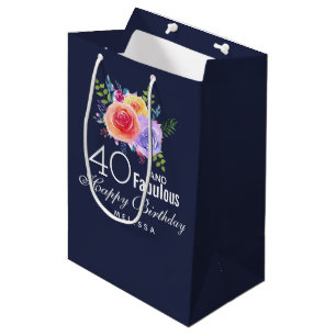40 and Fabulous Text - Watercolor Floral Birthday Medium Gift Bag