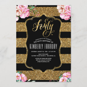 40 Birthday Party Invitations - Floral Gold Glitte
