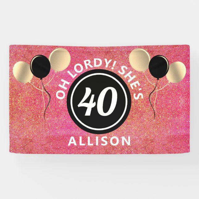 40 Birthday Pink Glitter Balloons Personalised Banner (Horizontal)