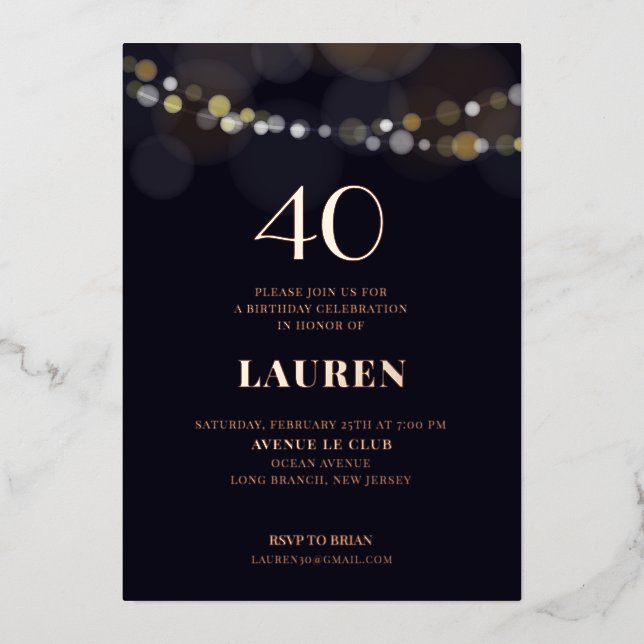 40 Birthday String Lights Foil Invitation (Front)
