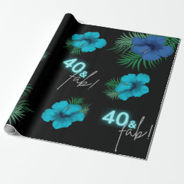 40 & Fab! Neon Blue Silver Black Tropical Birthday Wrapping Paper