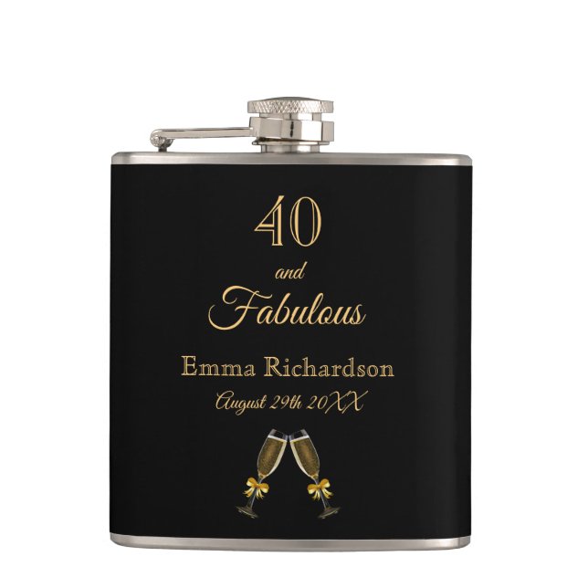 40 fabulous birthday black gold chic monogram hip flask (Front)