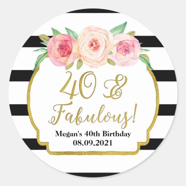 40 & Fabulous Birthday Black Gold Watercolor Classic Round Sticker (Front)
