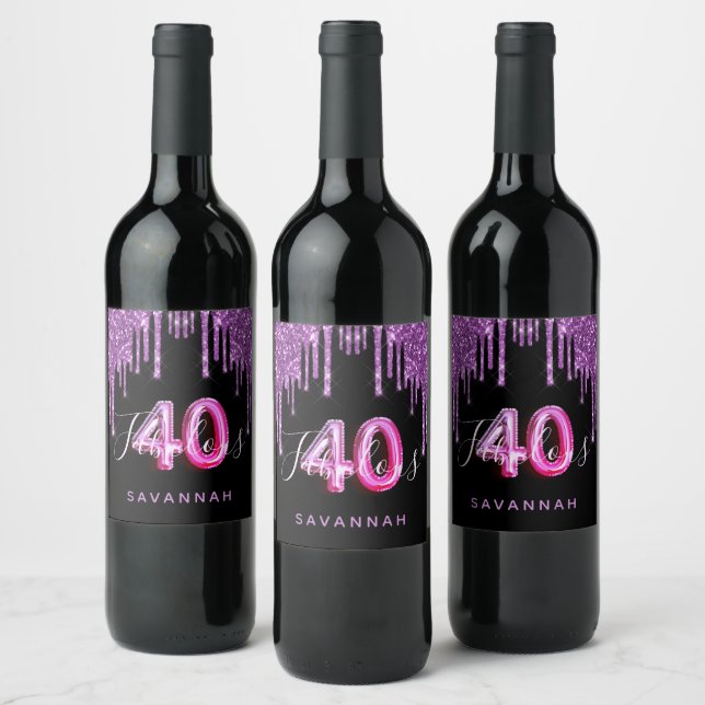 40 Fabulous birthday black purple glitter Wine Label (Bottles)
