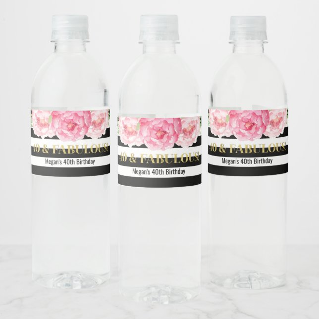 40 & Fabulous Birthday Black Stripes Flowers Water Bottle Label (Bottles)