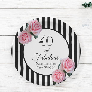 40 fabulous birthday black stripes pink florals paper plate