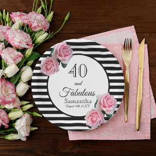 40 fabulous birthday black stripes pink florals paper plate