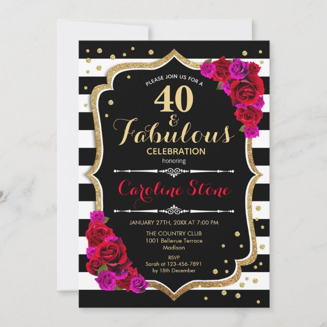 40 Fabulous Birthday - Black White Stripes Roses Invitation (Front)