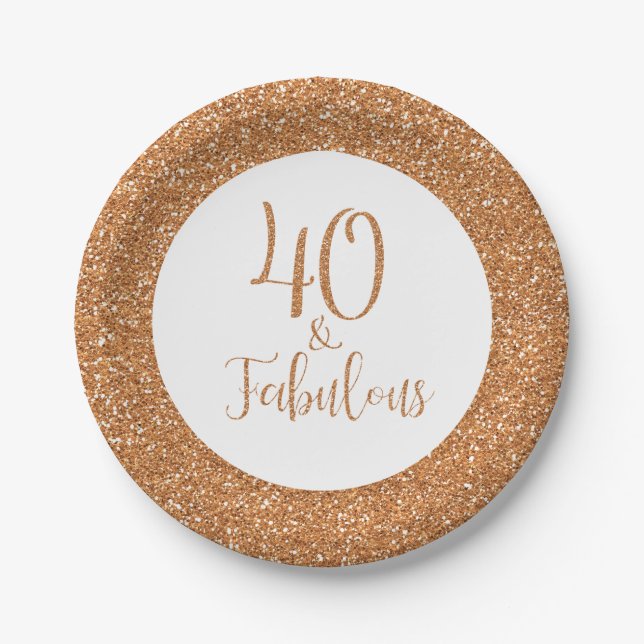 40 & Fabulous Birthday Gold Glitter Paper Plate (Front)