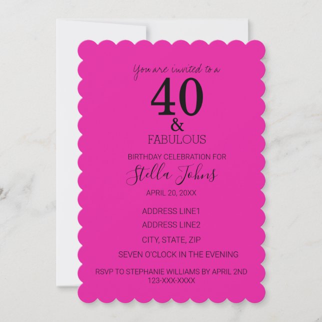 40 Fabulous Birthday Hot Pink Black Scallopped Invitation (Front)