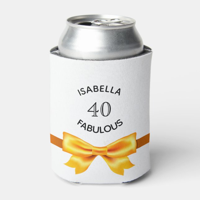 40  fabulous birthday party gold bow white can cooler (Can Front)