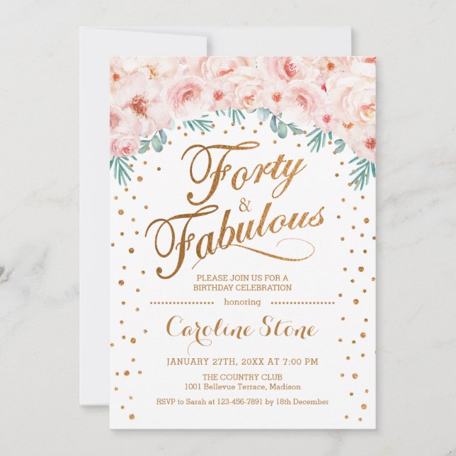 40 Fabulous Birthday Party - White Gold Pink Invitation (Front)