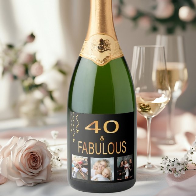 40 fabulous birthday photo collage black gold sparkling wine label (Creator Uploaded)