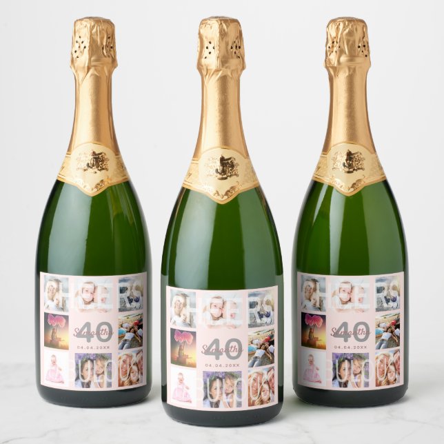 40 fabulous birthday photo collage rose gold sparkling wine label (Bottles)
